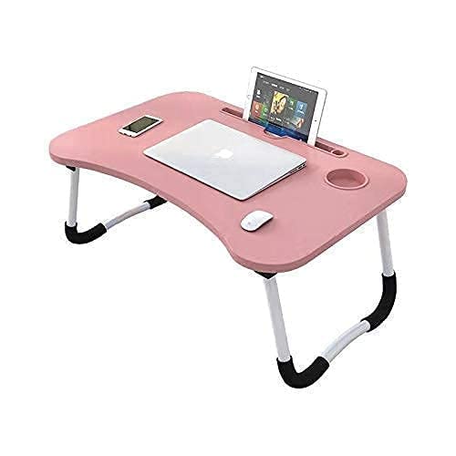 AUNO Wood Standard Multi-Purpose Laptop Table With Dock Stand/Study/Bed Table/Foldable & Portable/Ergonomic & Rounded Edges/Non-Slip Legs/Engineered Lapdesk With Cup Holder (Pink), 39.3 Cm, 59.7 Cm