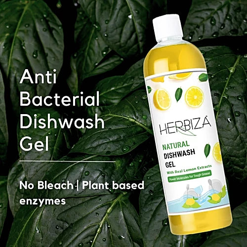 -Herbiza Natural Dishwash Gel With Lemon Extracts - Removes Tough Stains, 450 ml