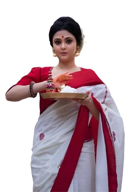 ZECVA Women's Red White Soft Kanjivaram Traditional Festive Puja Fancy Silk Sarees With Attach Unstitch Blouse Piece