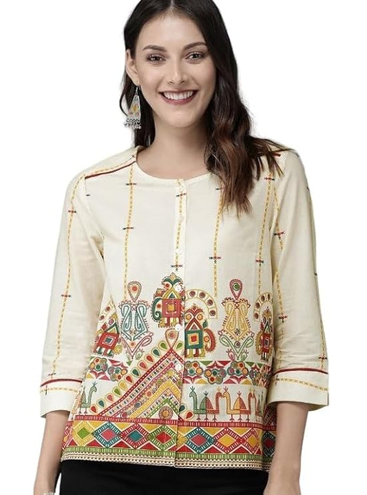 Women's Pure Cotton Printed Regular Sleeves Casual Top (Beige)