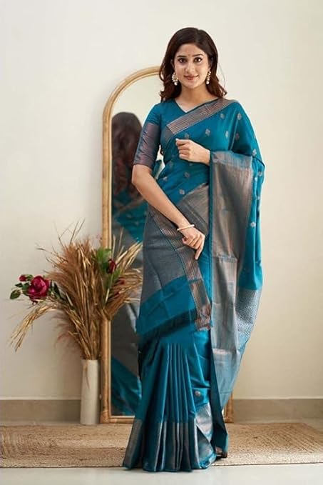 Yashika Women's Banarasi Kanjivaram Cotton Silk Jaquard Saree Printed Saree With Unstitched Blouse Material - Suitable For All Indian Occasions and Festivals