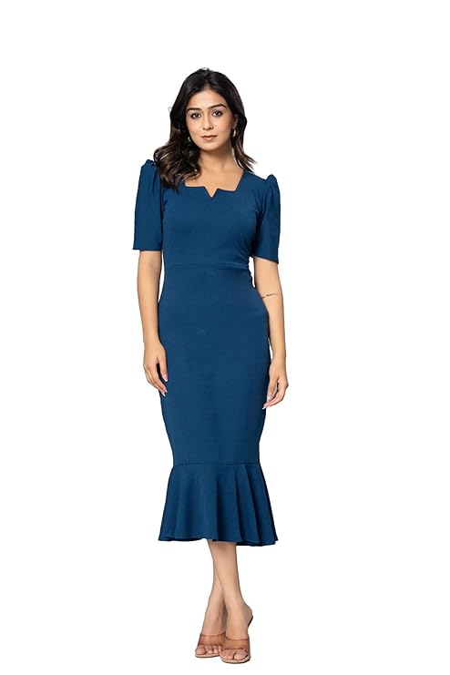 Women's Stretchable Lycra Blend Sweet-Heart Neck Puff Sleeve Fit and Flared Calf Length Casual Bodycon One Piece Midi Dress for Party, Office, Meetings - AC-OPC-144