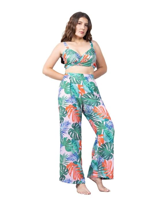 Women's Green Tropical Printed Polyester Tie & Dye Cover-up Beachwear Set