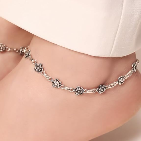 ZAVYA 925 Sterling Silver Modest Floral Rhodium Plating Chain Anklet (Pair) | | Gift for Women & Girls | With Certificate of Authenticity & 925 Stamp