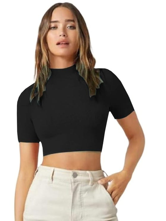 Women's High/Turtle Neck Short Sleeves Stylish Casual Crop Top, 17 Inches