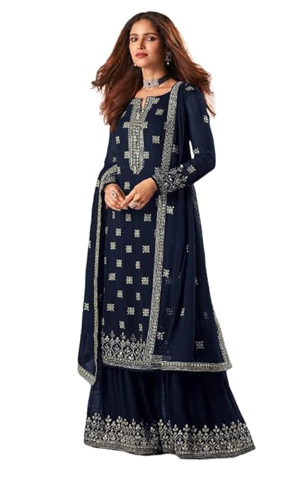 Women's Crape Blue Kurta with Palazzo and Dupatta Set