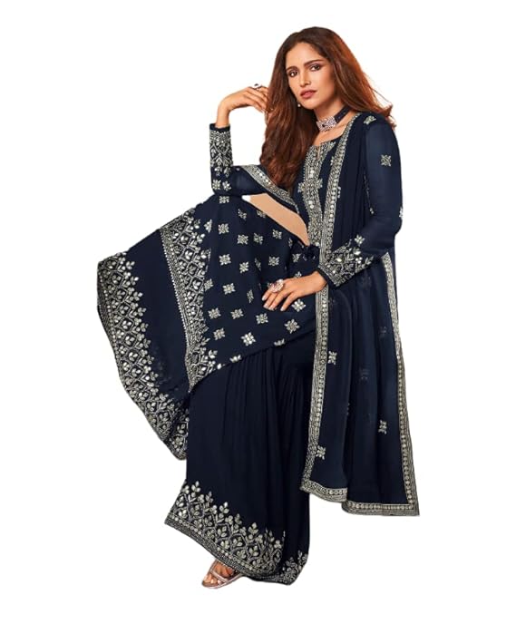 Women's Crape Blue Kurta with Palazzo and Dupatta Set