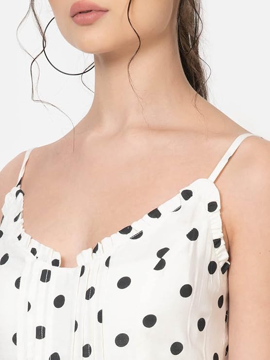 Women's Fit and Flare Polka Dot V Neck Sleeveless Shoulder Strap Dress for Women's