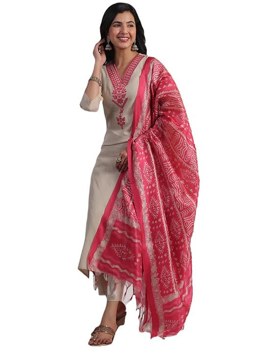 Women's Rayon Blend Embroidered Straight Kurta with Pant & Dupatta