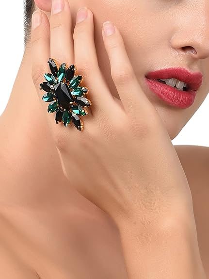 ZAVERI PEARLS Black & Green Crystal Shine Stones Party Bling Contemporary Adjustable Finger Ring For Women-ZPFK10011