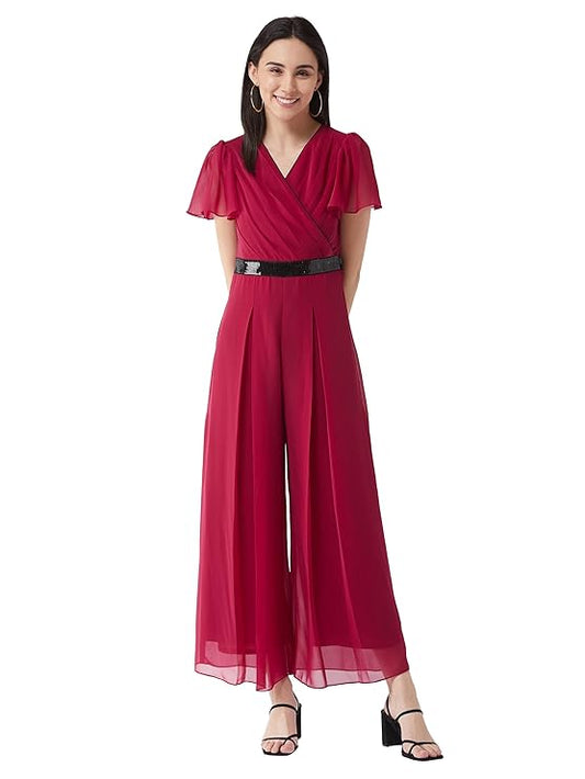 Women's Solid Relaxed Fit Short Sleeve V-Neck Jumpsuit with Pockets