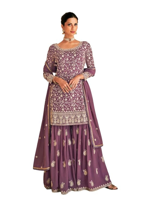 Women's Embroidered Georgette Sharara Style Semi-Stitched Salwar Suit (Unstiched Salwar Suit)