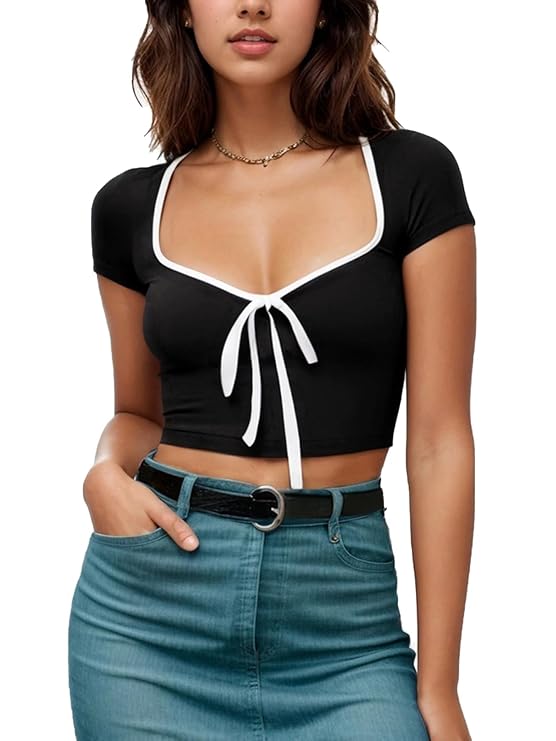 Aahwan Solid Color Block Edge Stitching Front Tie Cropped Regular Fit T-Shirt For Women's & Girl's