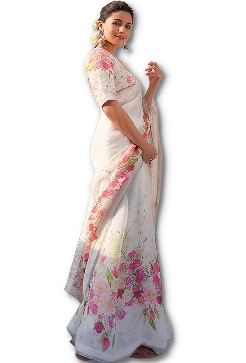 Women's Digital Floral Printed Pure Cotton Linen Saree With Unstitched Blouse Piece