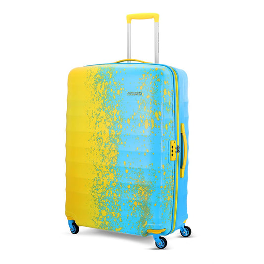 American Tourister Geller Spinner 55 Cms Small Cabin Polycarbonate Hardshell Sided Printed Colourful Luggage/4 Wheel Inline Trolley Bag with TSA Lock for Men and Women (Yellow and Blue)