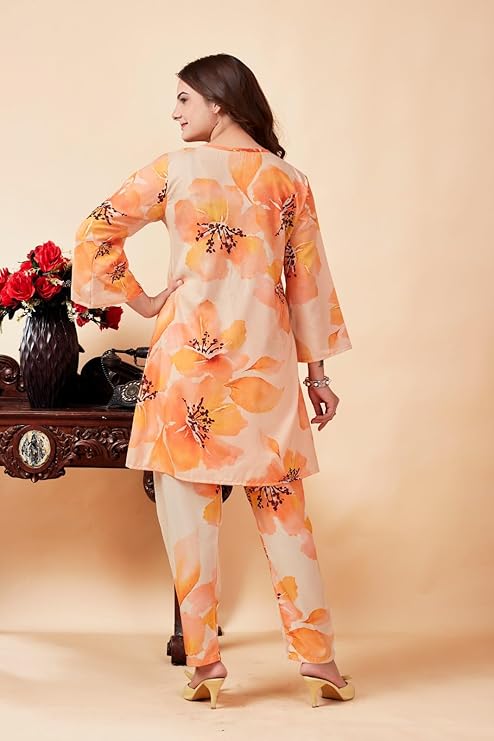 Women's Printed Polyester-Fabric V-Neck Full Sleeve Fancy Dress Self Design Co-Ord Set (SC_MN_32913)