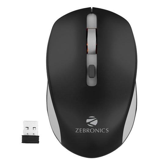 ZEBRONICS Zeb-Jaguar Wireless Mouse, 2.4GHz with USB Nano Receiver, High Precision Optical Tracking, 4 Buttons, Plug & Play, Ambidextrous, for PC/Mac/Laptop (Black+Grey)