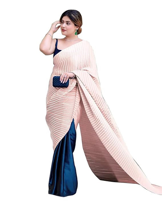 Women's Pleated/Crushed Plain Chinon Saree With Unstitched Blouse Piece