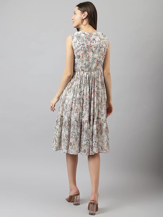 Women's Off White Georgette Floral Printed Tiered Western Dress| Dress for Women |A line Dress|Summer Dress|Western Dress | Latest Women Dress | Trendy Dress for Dress|Midi Dress