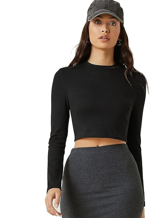 Women's & Girl'S Solid Full Sleeve Slim Fit Crop Top