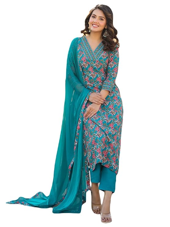 Women's Rayon Blend Straight Printed Kurta with Pant & Dupatta