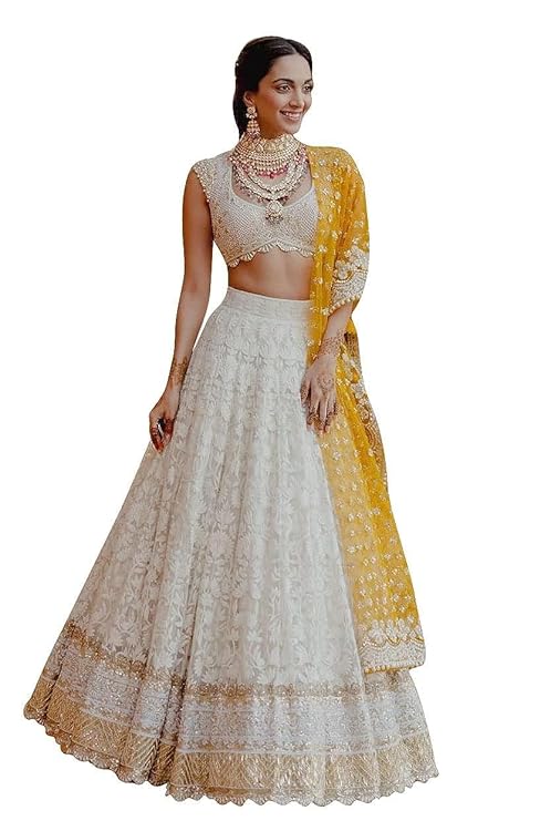 Women's Georgette Semi-Stitched Lehenga Choli White Wedding Bridal Free Size