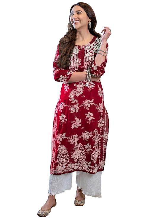 Women's Rayon Blend Chikankari Embroidered Straight Kurta