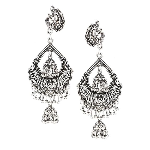 Yellow Chimes German Silver Oxidized Mirror Work Afghani Stylish Ghunghru Peacock Traditional Jhumki Earrings for Women & Girls…