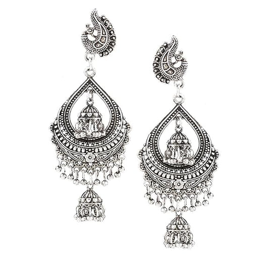 Yellow Chimes German Silver Oxidized Mirror Work Afghani Stylish Ghunghru Peacock Traditional Jhumki Earrings for Women & Girls…