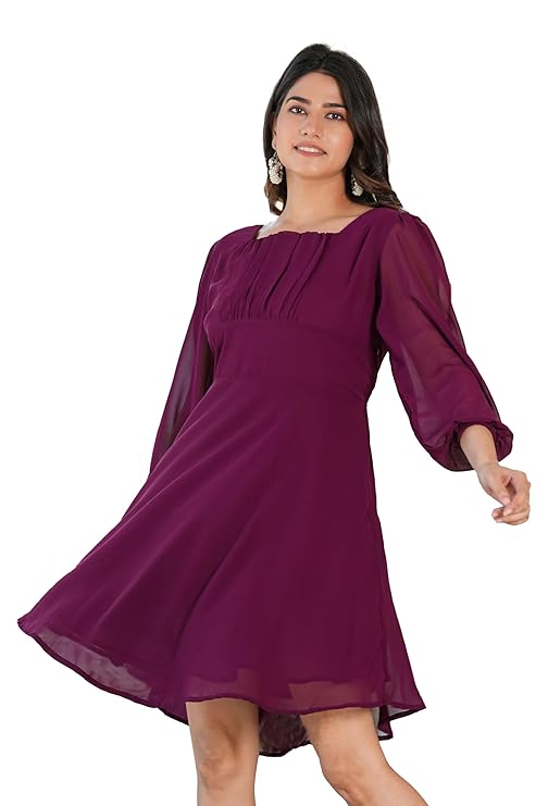 Women's Georgette 3/4 Puff Sleeve Square Neck Midi Dress (Wine)