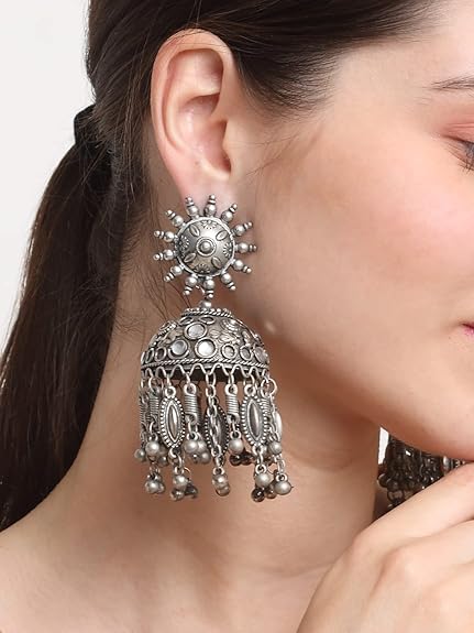 YouBella Jewellery Celebrity Inspired Oxidised Silver Big Size Jhumki Earrings for Girls and Women