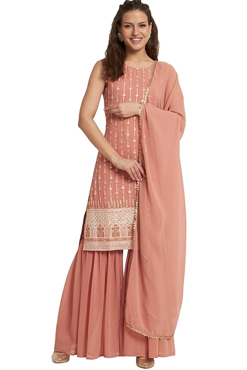 Women's Georgette Straight Kurta Sharara Set with Dupatta