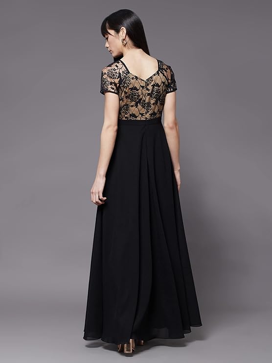 Women's Black Square Neck Short Sleeve Self Design Lace Overlaid Georgette Maxi Dress