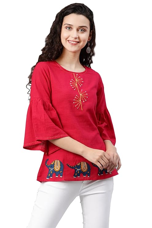 Yash Gallery Women's Cotton Patch Work Straight Top for Women