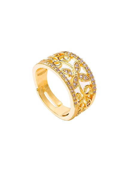 Yellow Chimes Rings for Women Crystal Studded Flower Band Golden Ring for Women and Girls.