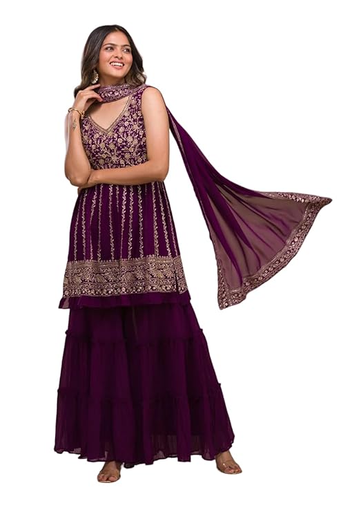 Womens Purple Designer Zariwork Georgette Readymade Sharara Suit