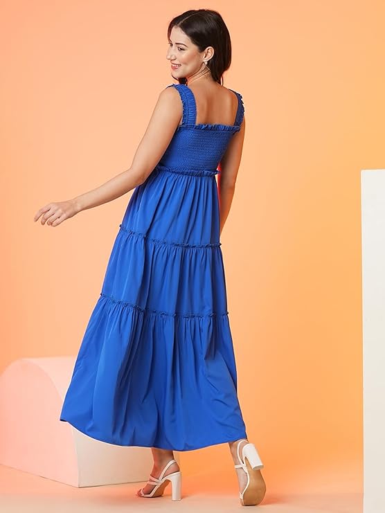 Women Square Neck Strappy Shoulder Smocked Tiered Fit & Flare Maxi Dress