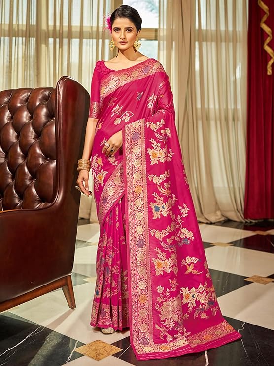 AKHILAM Women's Pink Banarasi silk Peacock Printed Saree with Unstitched Blouse Piece(16PAKHI1701_BV)