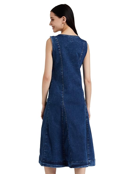 Women's Denim A-line One Piece Midi Length Dress