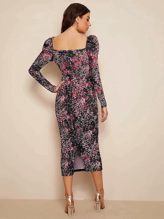 Women's Printed Midi Dress with Ruffle Sleeves