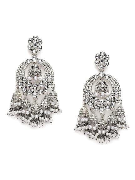 Zaveri Pearls Antique Silver Tone Kundan & Austrian Diamonds Jhumki Drops Earring For Women-ZPFK10164