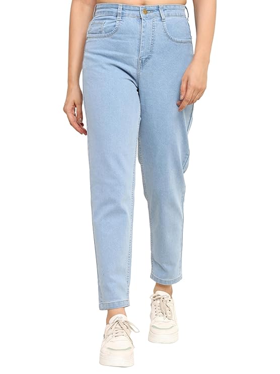 Women's High Waist Mom Fit Jeans I Denim Stretchable Solid Ankle Length Pant with Curved Pocket I Clean Plain Relaxed Fit I Stylish & Trendy Look for Office Party Home Girls & Women