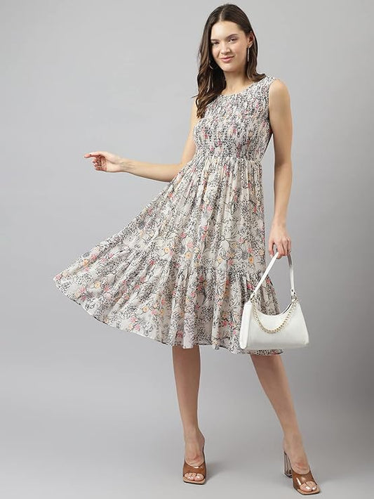 Women's Off White Georgette Floral Printed Tiered Western Dress| Dress for Women |A line Dress|Summer Dress|Western Dress | Latest Women Dress | Trendy Dress for Dress|Midi Dress