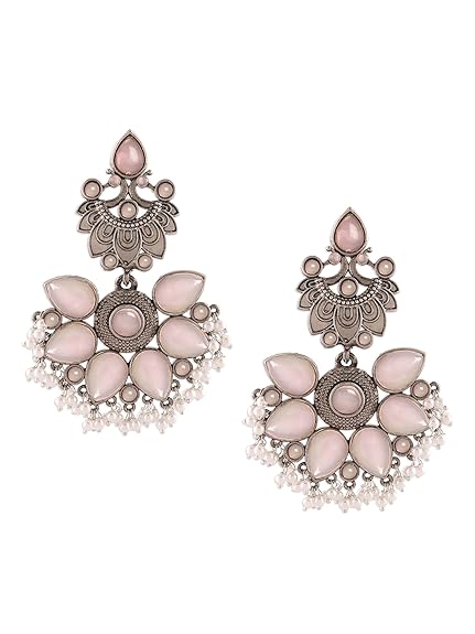 Zaveri Pearls Pink Silver Oxidised Stones & Beads Traditional Dangle Earring For Women-ZPFK16702