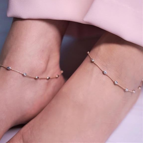 ZAVYA 925 Sterling Silver Beads Rose Gold Plated Chain Anklet (Pair) | Gift for Women & Girls | With Certificate of Authenticity & 925 Hallmark