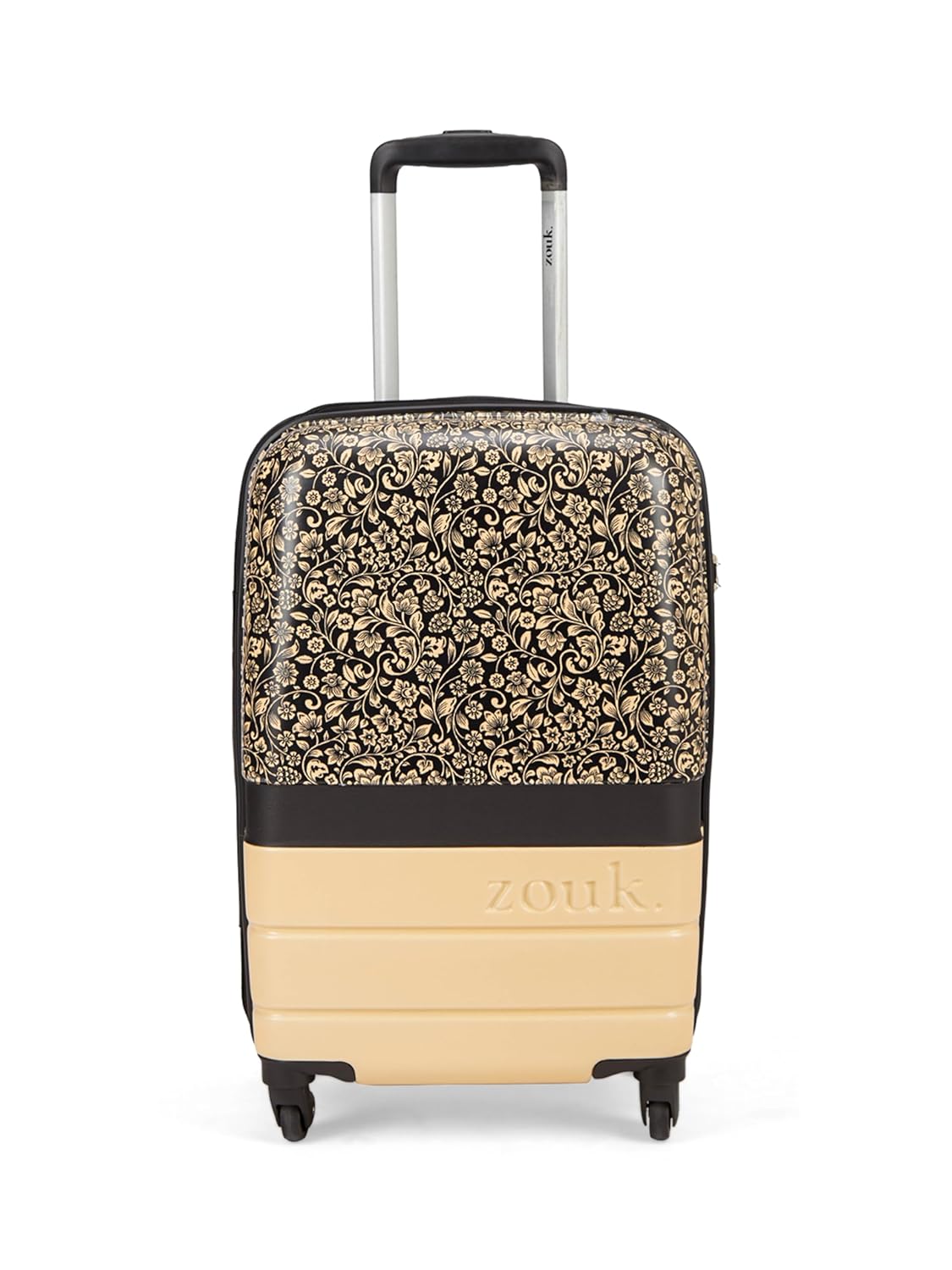 ZOUK FloMotif Raahi Trolley/Luggage/Suitcase Bag for Travel | Polycarbonate Hard Case | Printed Patterned Graphic Design | 360° Rotating 4 Spinner Wheel | Black | Cabin 47 cm