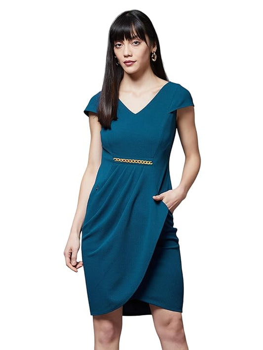 Women's Solid V-Neck Cap Sleeves Polyester Side Pocketed Knee Long Dress (Plus