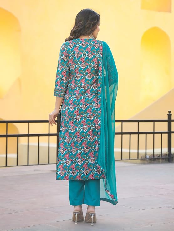 Women's Rayon Blend Straight Printed Kurta with Pant & Dupatta