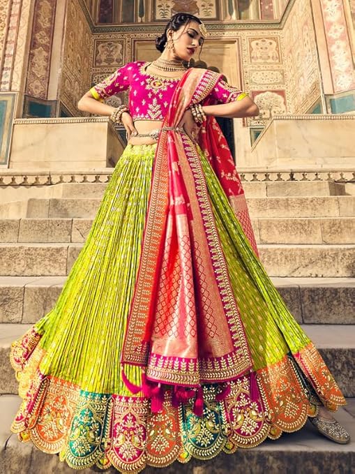 Women's New Green-Multi Heavy Embroidered Gota Pati Work Banarasi Silk Semi-Stitched Lehenga Choli