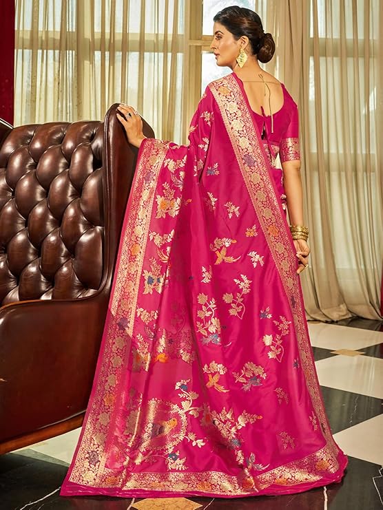 AKHILAM Women's Pink Banarasi silk Peacock Printed Saree with Unstitched Blouse Piece(16PAKHI1701_BV)